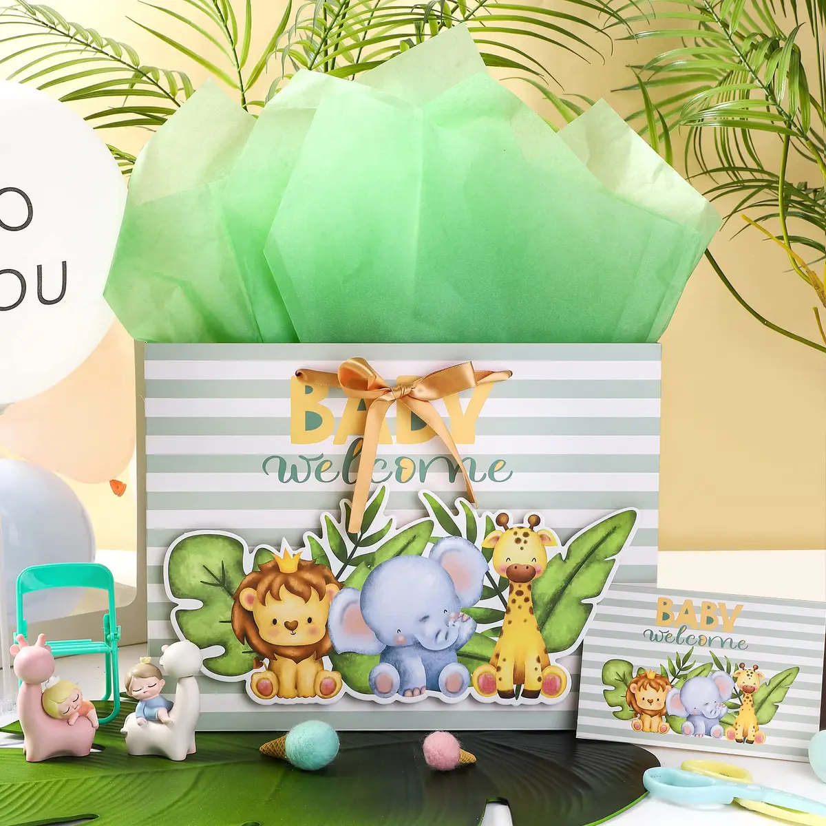 Loveinside Baby Gift Bag with Tissue Paper and Greeting Card 13" x 10" x 5" | Unisex-Green Animal - view 4