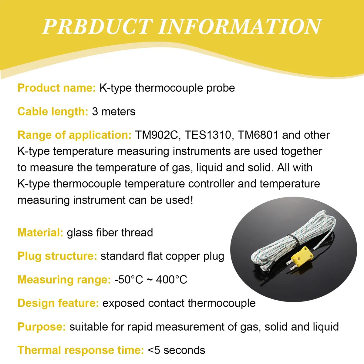 Weewooday K Type Thermocouple Probe 3m | Fast Response, Universal Compatibility, Fiberglass Insulation - view 5