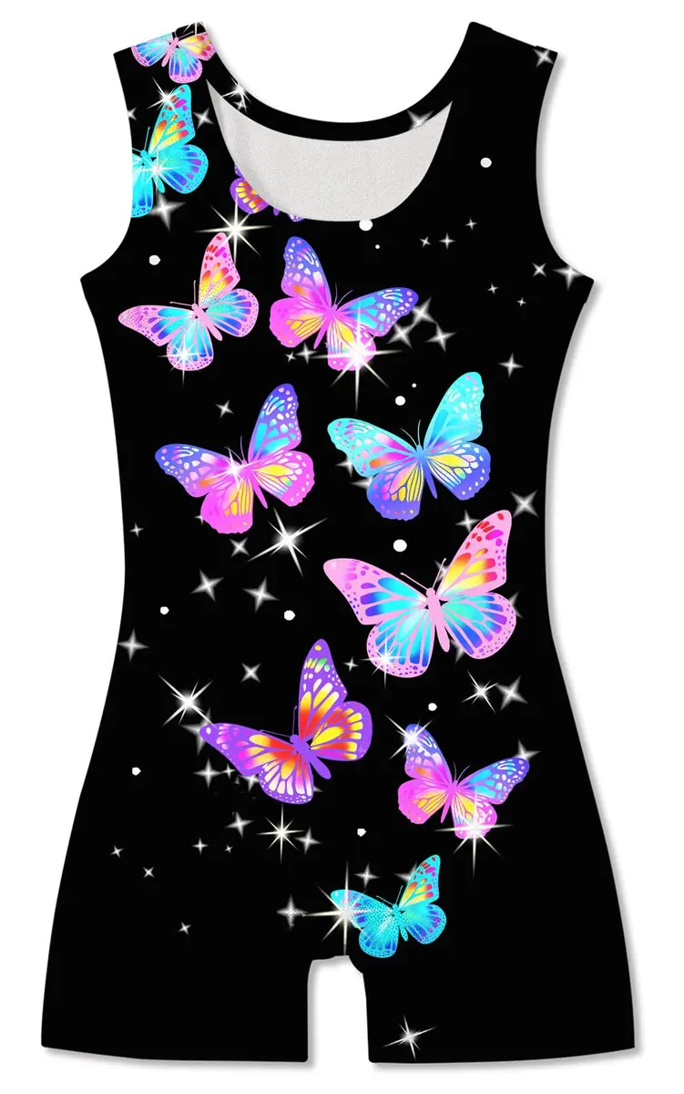 TUONROAD Girls Gymnastics Leotard with Shorts 9-10 Years | Colorful Butterfly Sparkly Bikertard - view 2