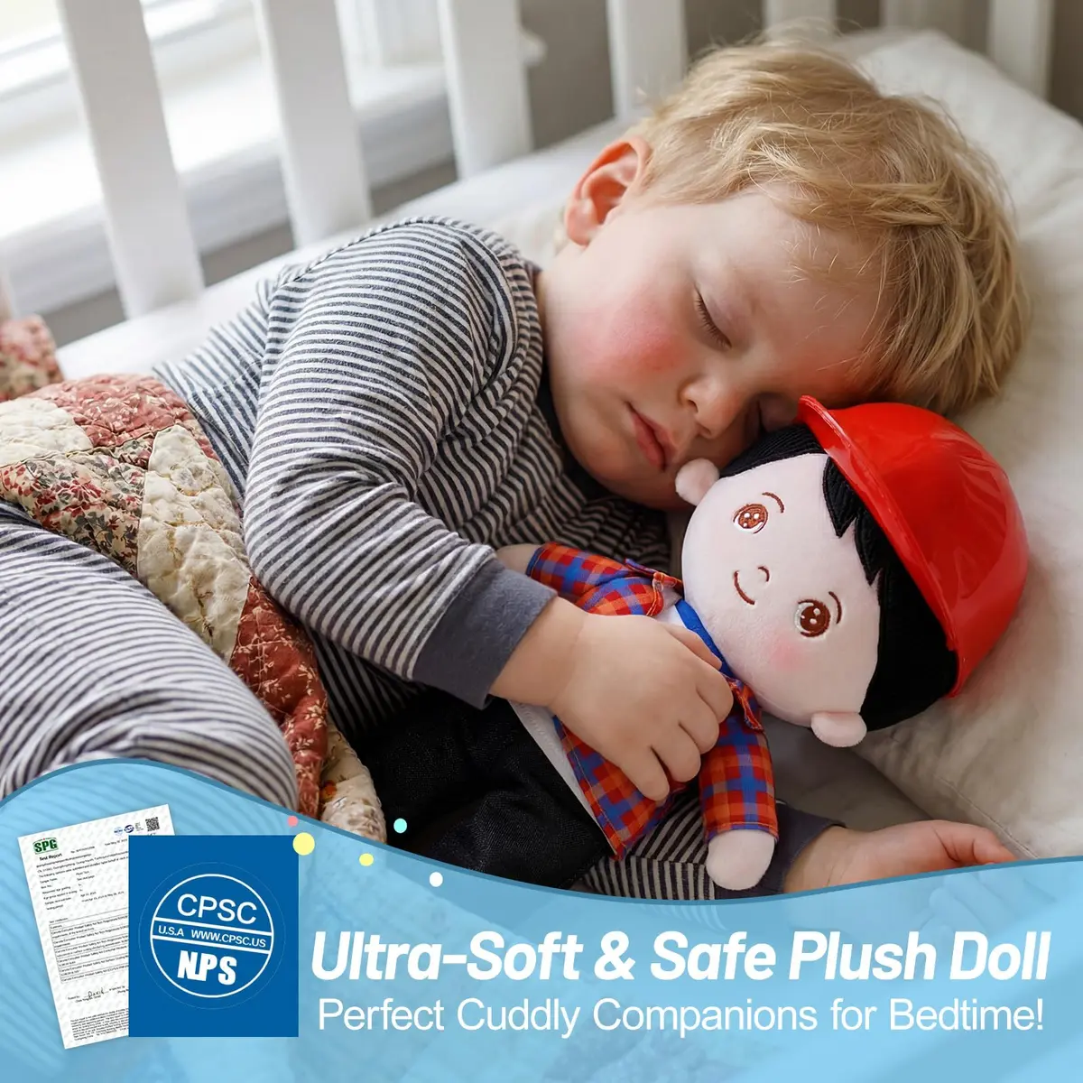 OUOZZZ Soft Plush Baby Boy Doll 12.6 Inch, Red Hat Snuggle Buddy | Safe & Soft for Kids 3+ - view 4