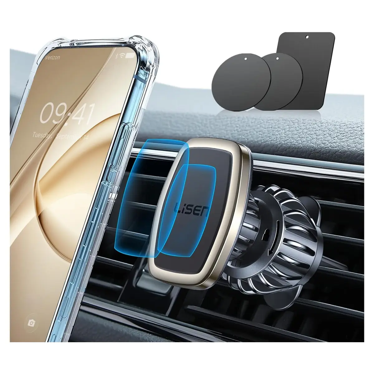 LISEN Magnetic Phone Holder for Car with Upgraded Clip | 360° Adjustable, Case Friendly, Gold - main product image