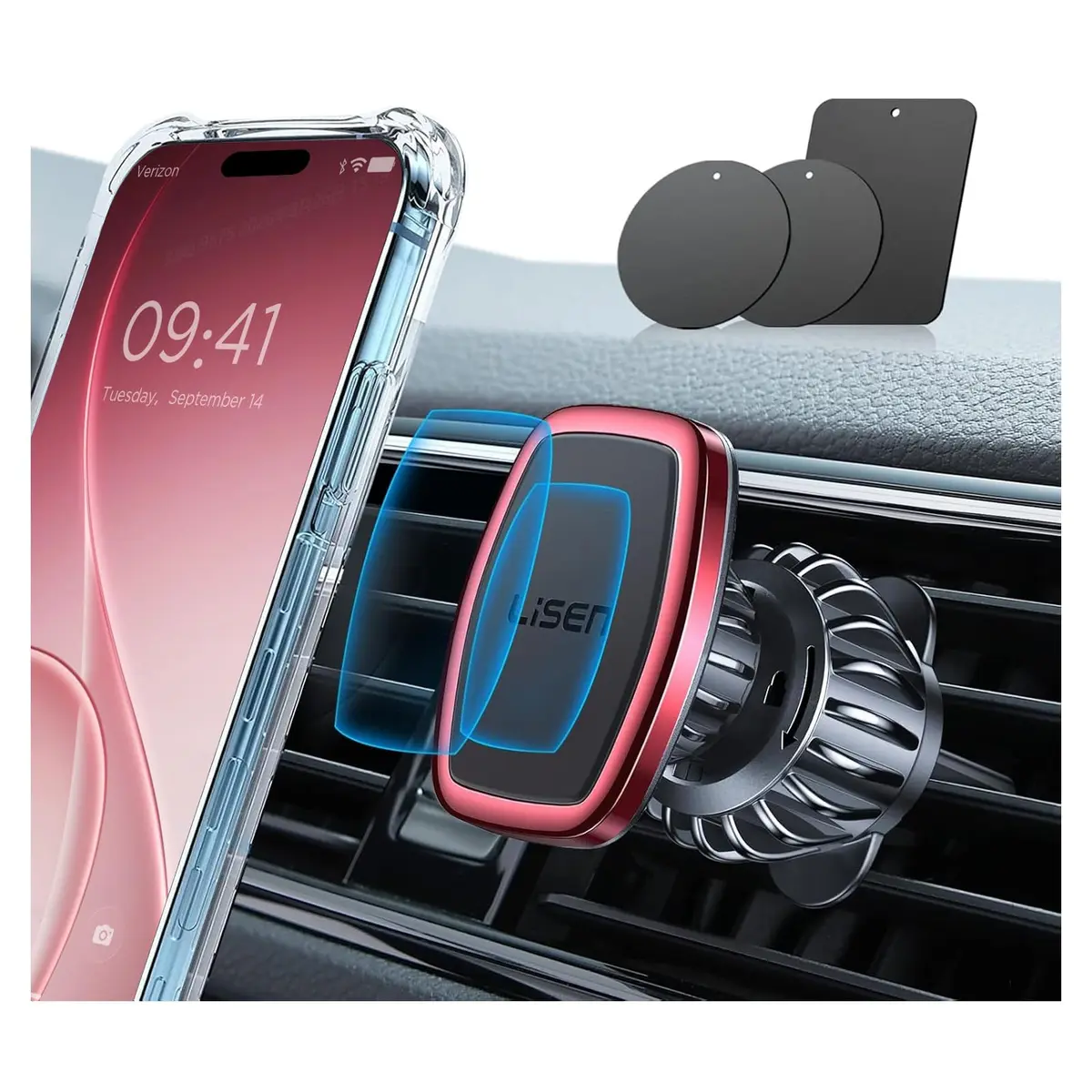 LISEN Magnetic Phone Holder for Car with Upgraded Clip & 6 Magnets, Red | Secure Vent Mount for Smartphones - main product image