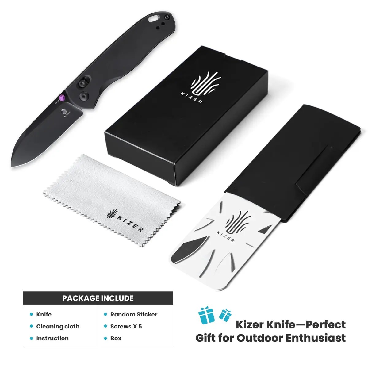Kizer Drop Bear Folding Knife - Black Aluminum Handle, 154CM Steel Blade | Compact EDC for Outdoor Use - view 7