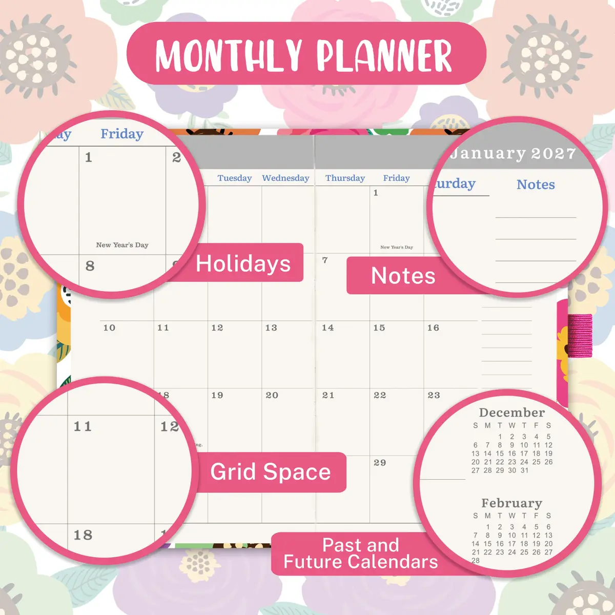 Tullofa 3-Year Pocket Calendar 6.3" x 3.8" (Jan 2027 - Dec 2029) | Monthly Planner with Elastic Closure & Pen Holder - view 6
