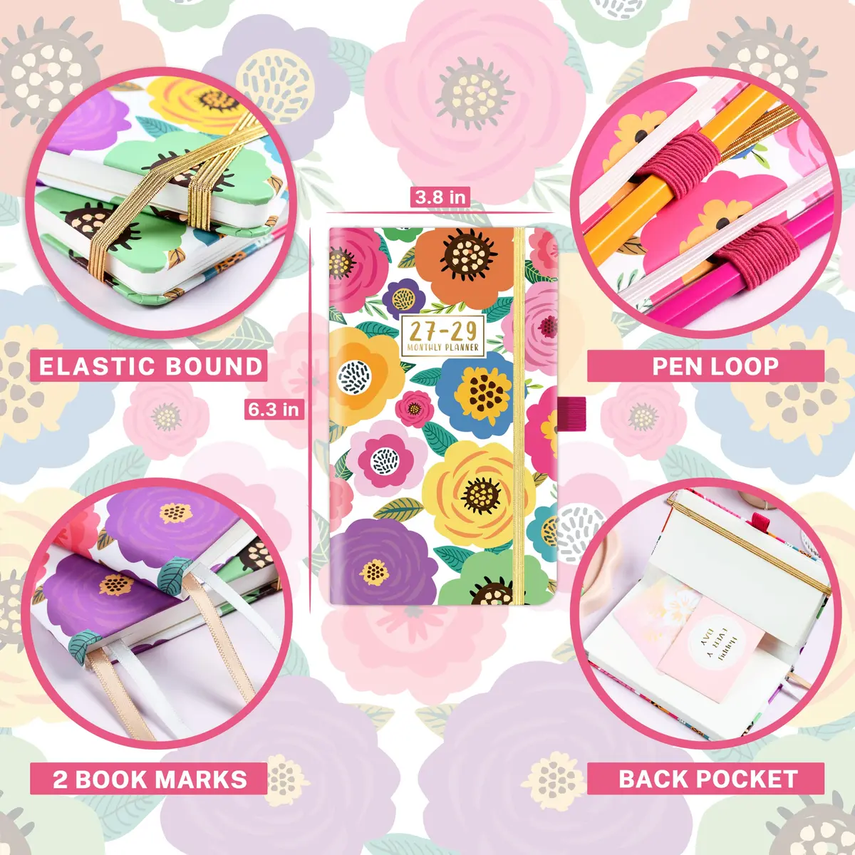 Tullofa 3-Year Pocket Calendar 6.3" x 3.8" (Jan 2027 - Dec 2029) | Monthly Planner with Elastic Closure & Pen Holder - view 3