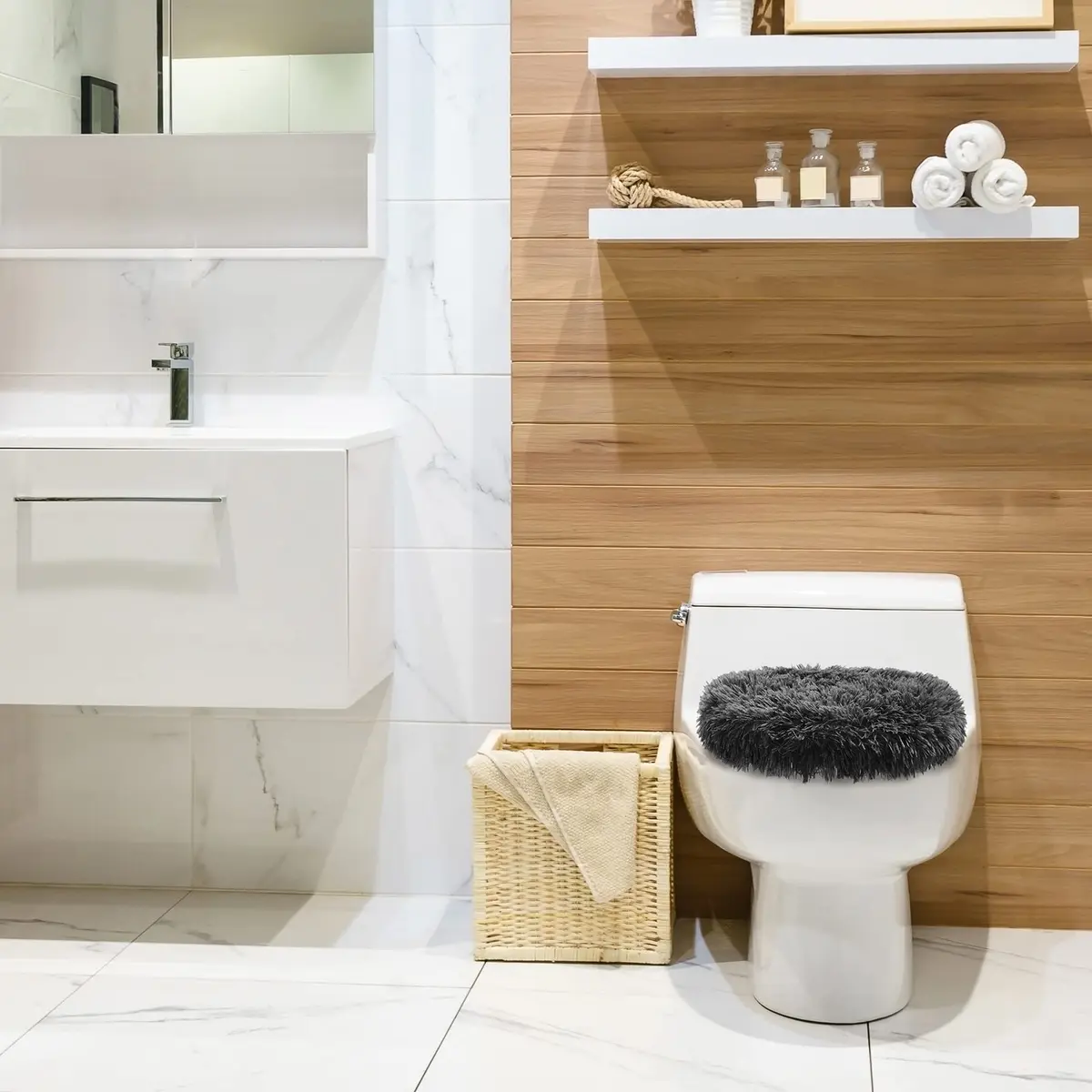 Kingdder Toilet Lid Cover Set 3 Pcs Plush Fluffy Fits Standard Lids | Soft & Washable - view 6