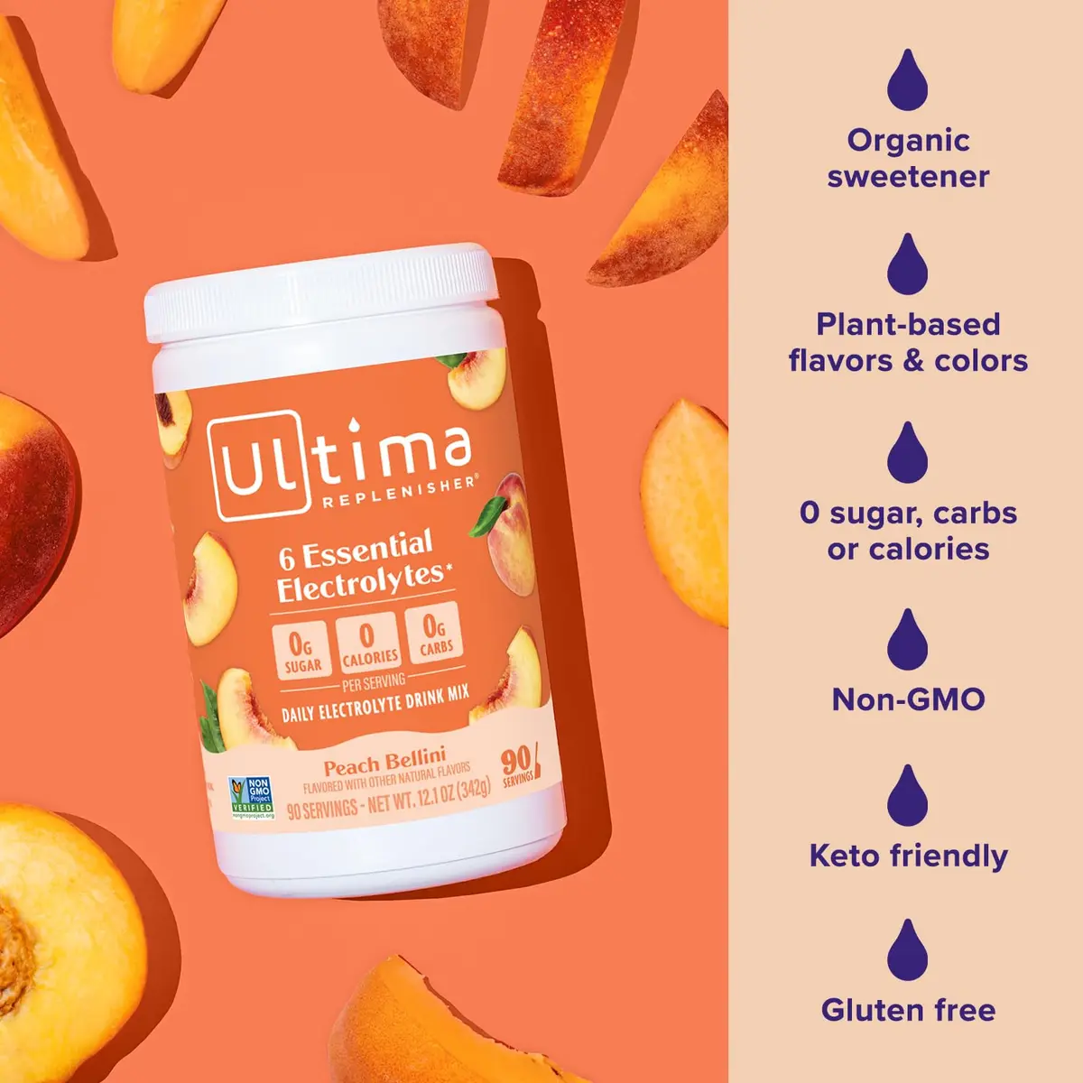 Ultima Replenisher Daily Electrolyte Powder Drink Mix Peach Bellini 90 Servings | Sugar-Free Hydration - view 5
