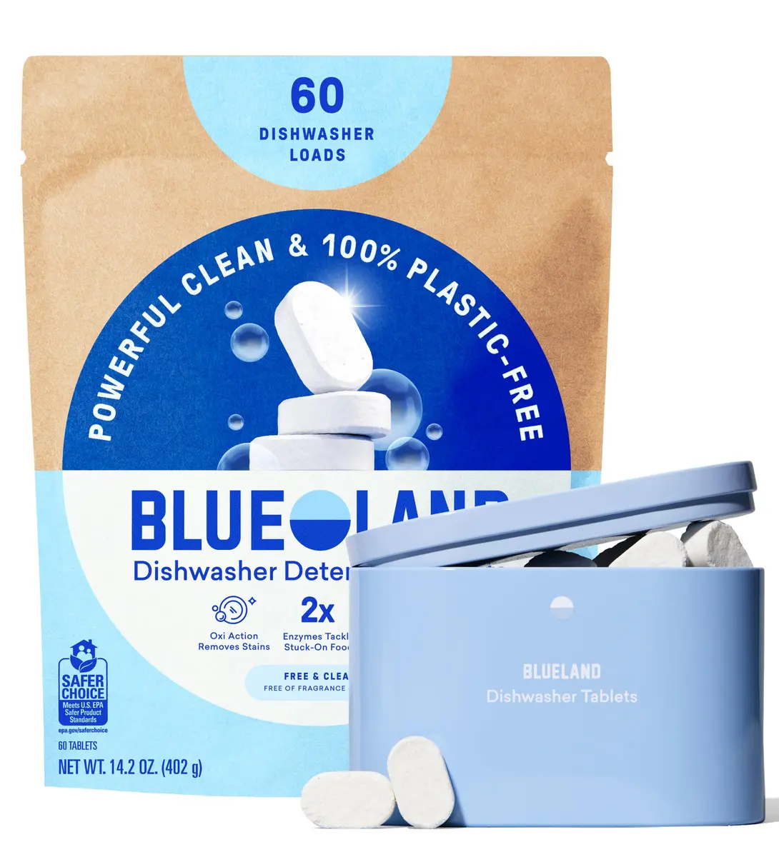 BLUELAND 100% Plastic-Free Dishwasher Detergent Tablets Free & Clear, 60 Count (1.7 kg) | EPA Safer Choice Certified - main product image
