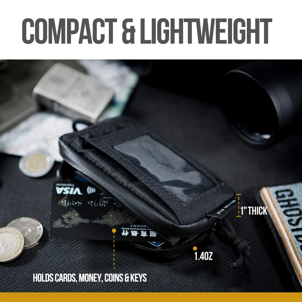 ONETIGRIS Tactical Front Pocket Wallet Camo Black | Minimalist Zippered Card Holder with ID Window - view 5