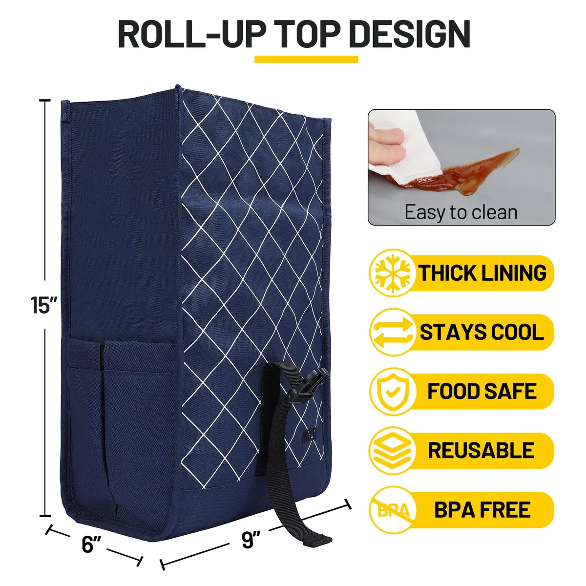 MIER Insulated Lunch Bag Roll-Top Lunchbox Blue 25.4cm (10 in) | Keeps Food Fresh for Hours - view 4