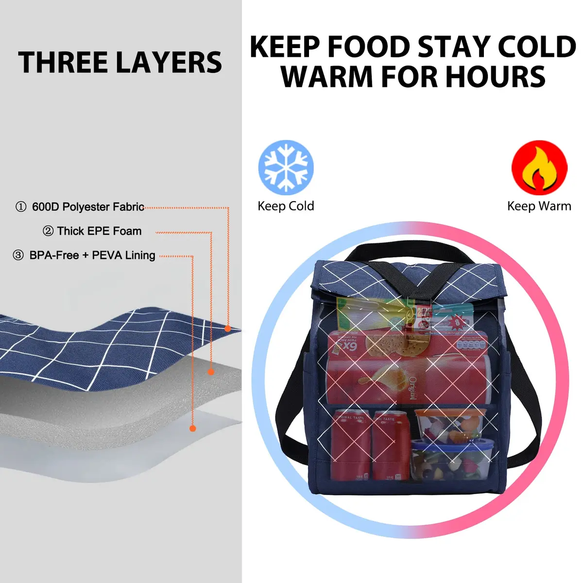 MIER Insulated Lunch Bag Roll-Top Lunchbox Blue 25.4cm (10 in) | Keeps Food Fresh for Hours - view 6