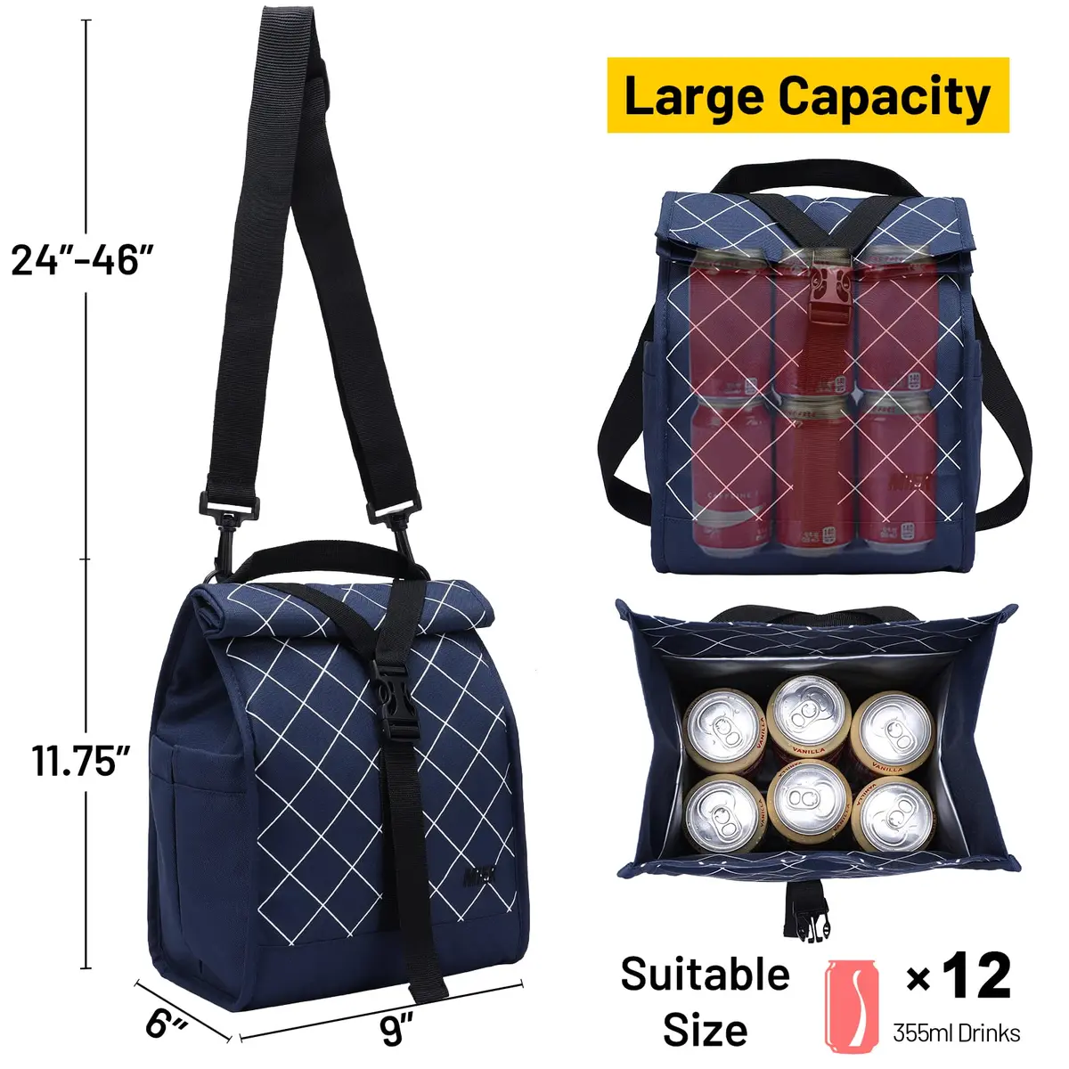 MIER Insulated Lunch Bag Roll-Top Lunchbox Blue 25.4cm (10 in) | Keeps Food Fresh for Hours - view 7