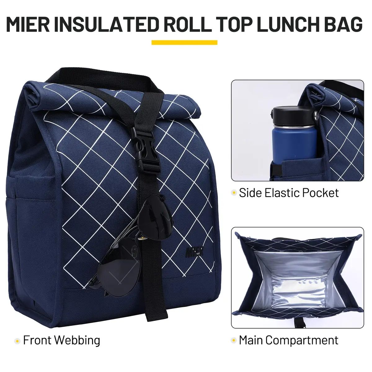 MIER Insulated Lunch Bag Roll-Top Lunchbox Blue 25.4cm (10 in) | Keeps Food Fresh for Hours - view 2