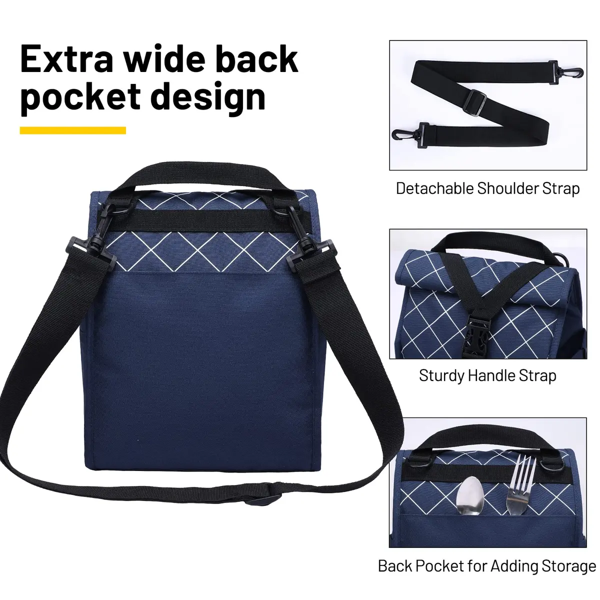 MIER Insulated Lunch Bag Roll-Top Lunchbox Blue 25.4cm (10 in) | Keeps Food Fresh for Hours - view 3