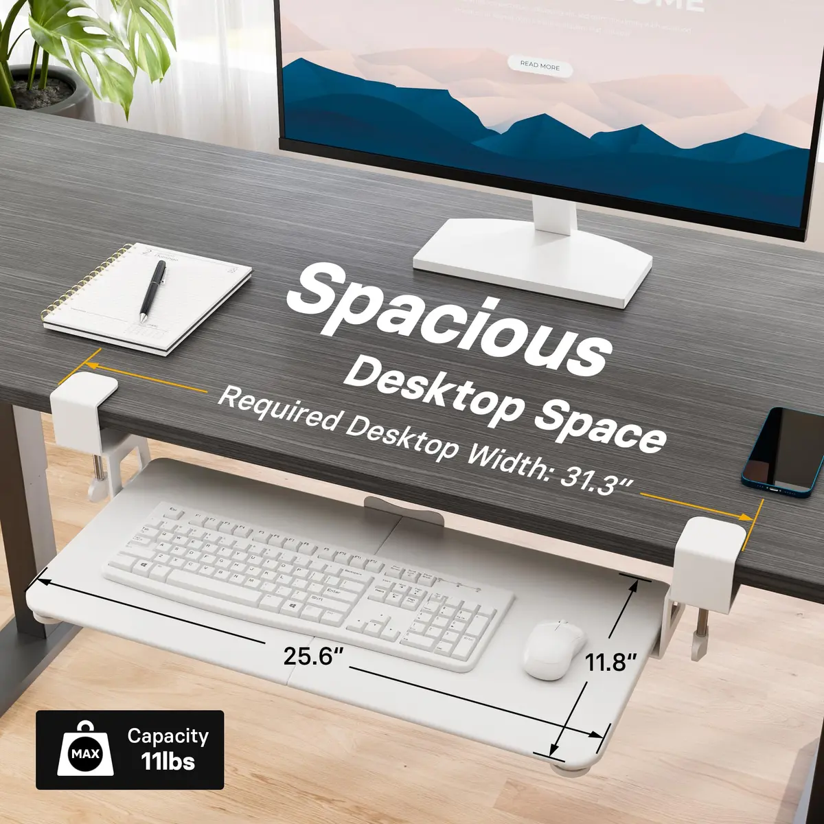 BONTEC Under Desk Keyboard Tray 25.6" x 11.8" | Space-Saving, Clamp Mount, White - view 5