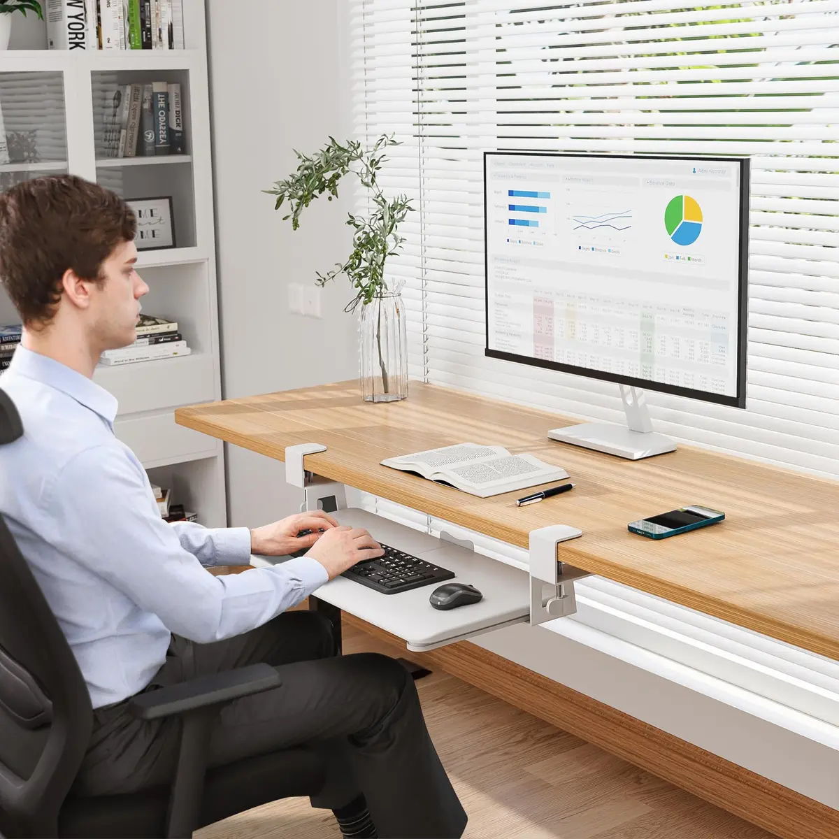 BONTEC Under Desk Keyboard Tray 25.6" x 11.8" | Space-Saving, Clamp Mount, White - view 8