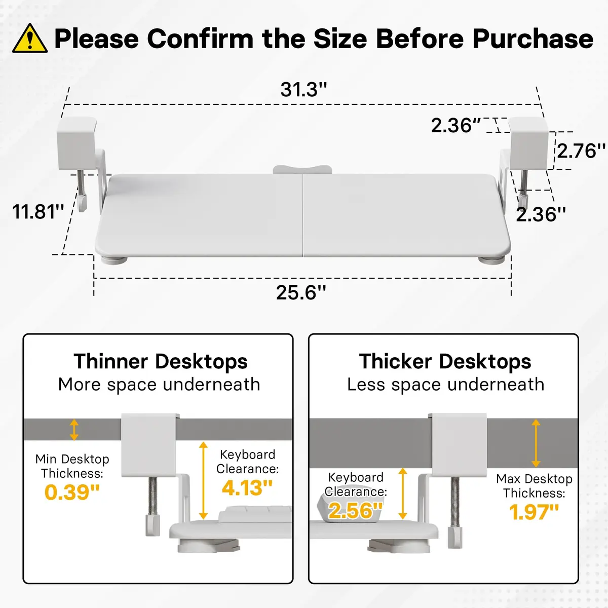 BONTEC Under Desk Keyboard Tray 25.6" x 11.8" | Space-Saving, Clamp Mount, White - view 2