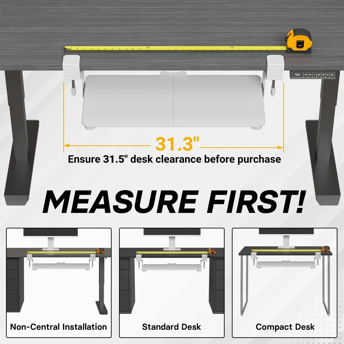 BONTEC Under Desk Keyboard Tray 25.6" x 11.8" | Space-Saving, Clamp Mount, White - view 4
