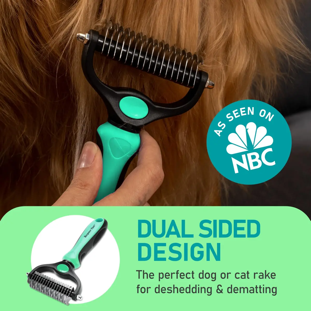Maxpower Planet Double Sided Shedding & Dematting Undercoat Rake for Dogs & Cats, Extra Wide Grooming Brush, 11.8cm (4.6in) Wide, Turquoise - view 2