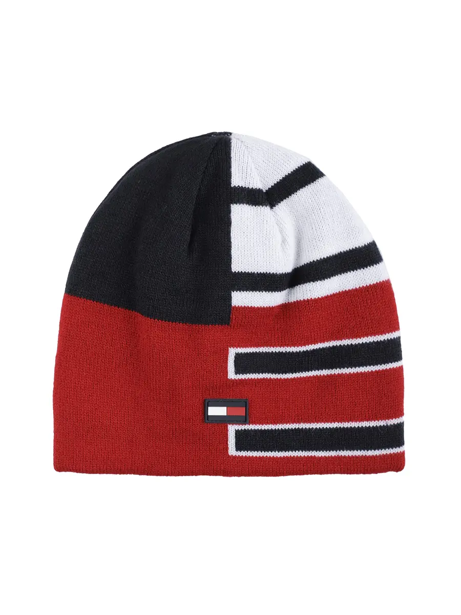 Tommy Hilfiger Boy's Patchwork Stripe Reversible Beanie Scarlet Sage | 100% Acrylic Winter Hat - main product image