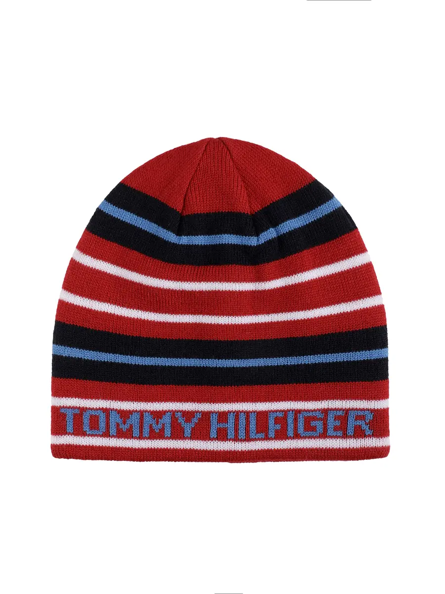 Tommy Hilfiger Boy's Patchwork Stripe Reversible Beanie Scarlet Sage | 100% Acrylic Winter Hat - main product image