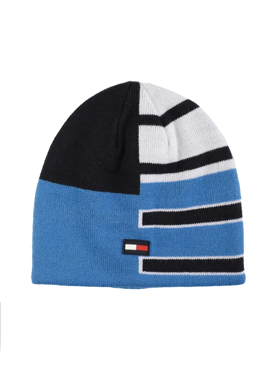 Tommy Hilfiger Boy's Patchwork Stripe Reversible Beanie, Mesmerizing Blue, 100% Acrylic - main product image