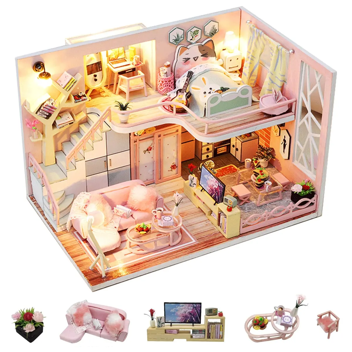 Flever Miniature Wooden House Kit | DIY Dollhouse with Furniture & Lights, 1:24 Scale, Blossom Stories - main product image