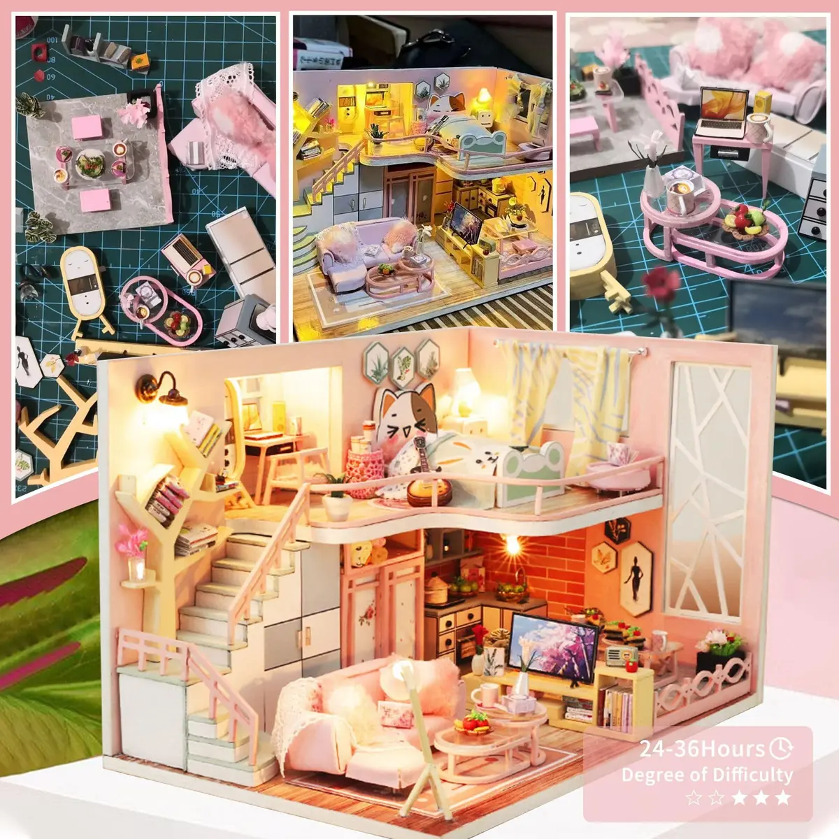 Flever Miniature Wooden House Kit | DIY Dollhouse with Furniture & Lights, 1:24 Scale, Blossom Stories - view 7