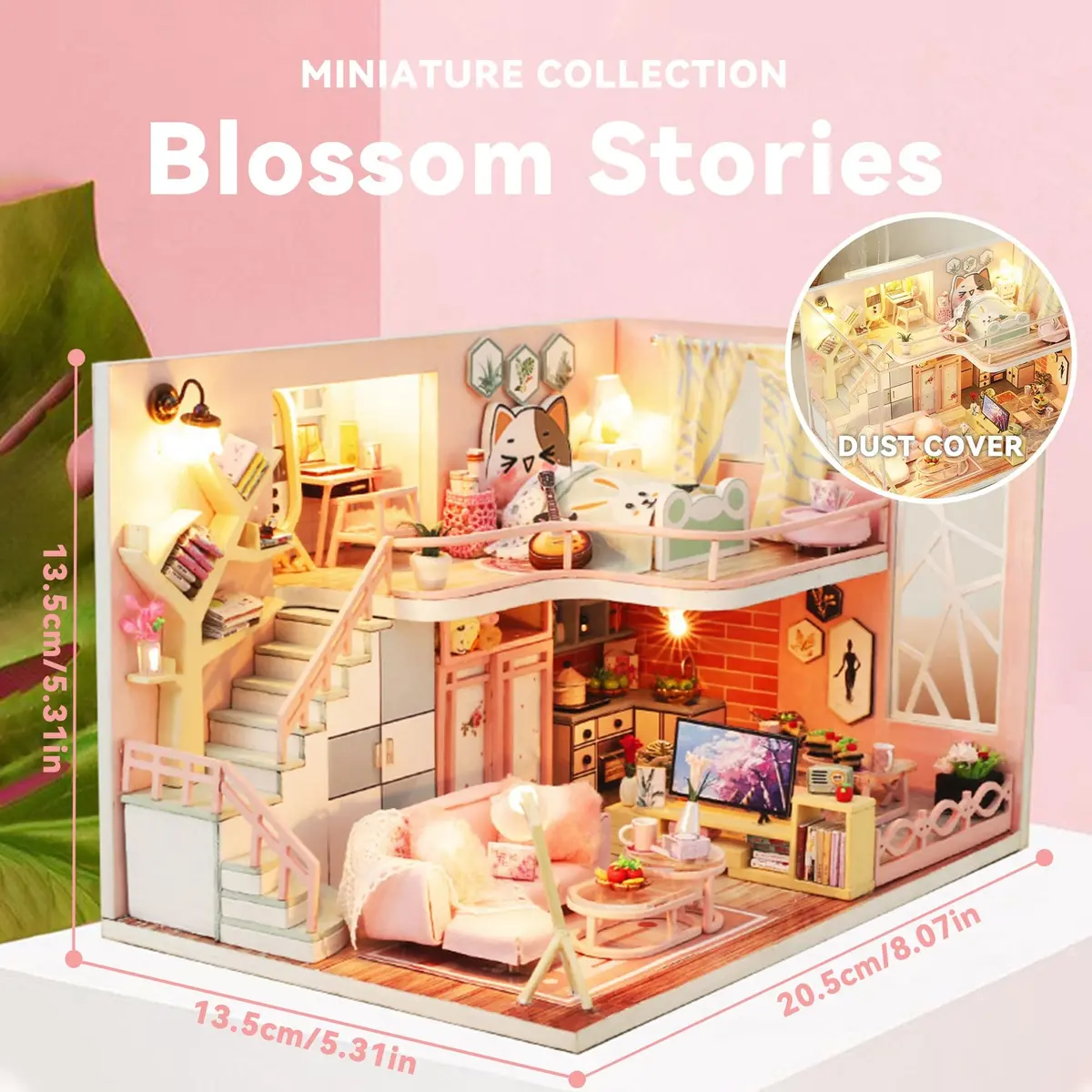 Flever Miniature Wooden House Kit | DIY Dollhouse with Furniture & Lights, 1:24 Scale, Blossom Stories - view 2