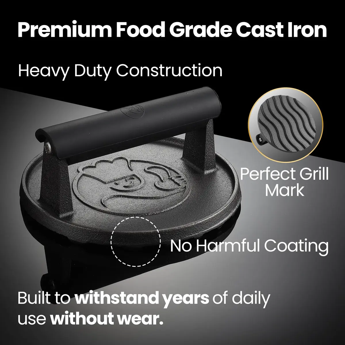 Gourmet Easy Cast Iron Smash Burger Press with Heat Resistant Handle 900g (2 lb) | Perfect Smash Burgers & Steaks - view 4