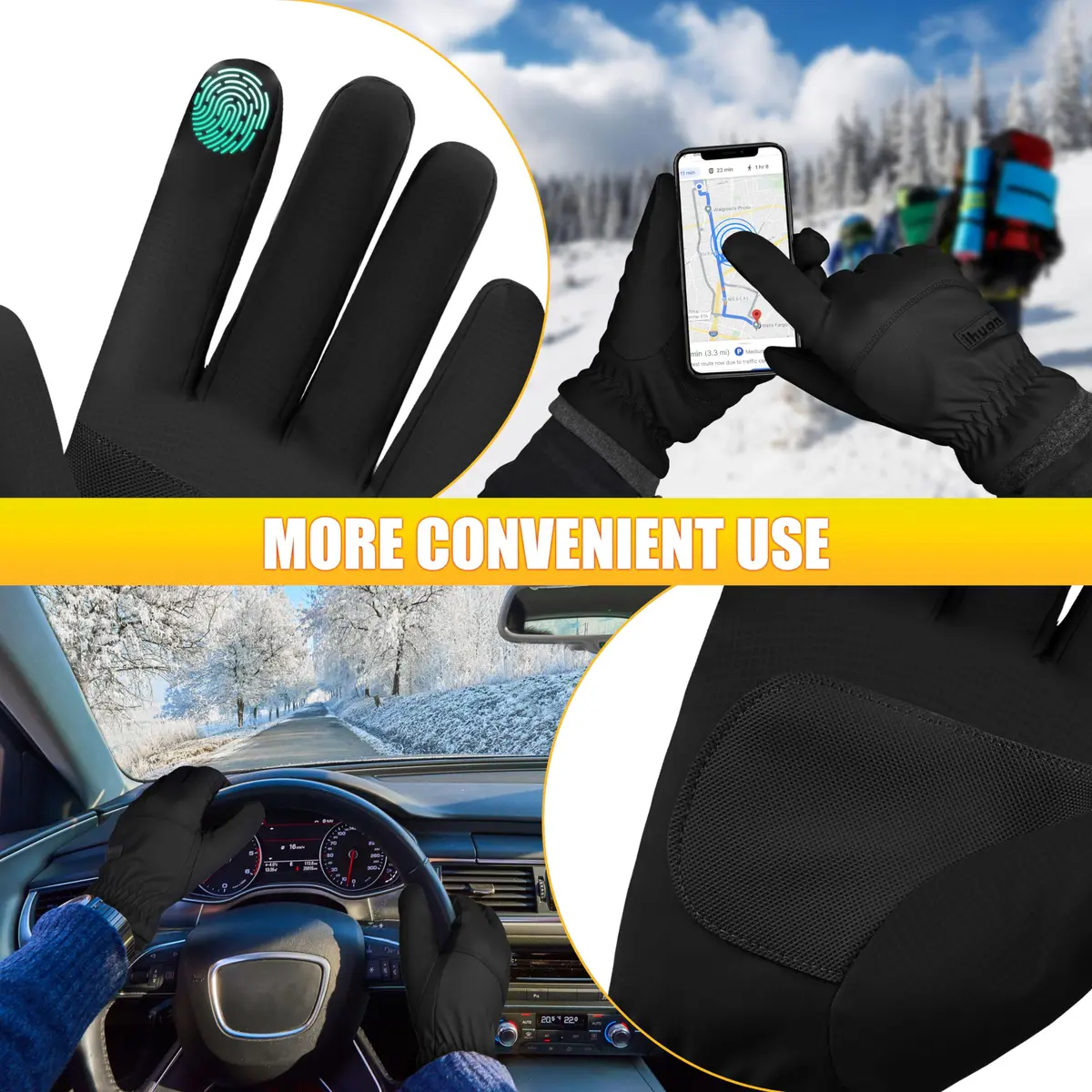 ihuan Winter Waterproof Ski Gloves for Men & Women, Warm Snow Cycling Cold Weather, Driving Biking Running (Medium, Black) - view 5