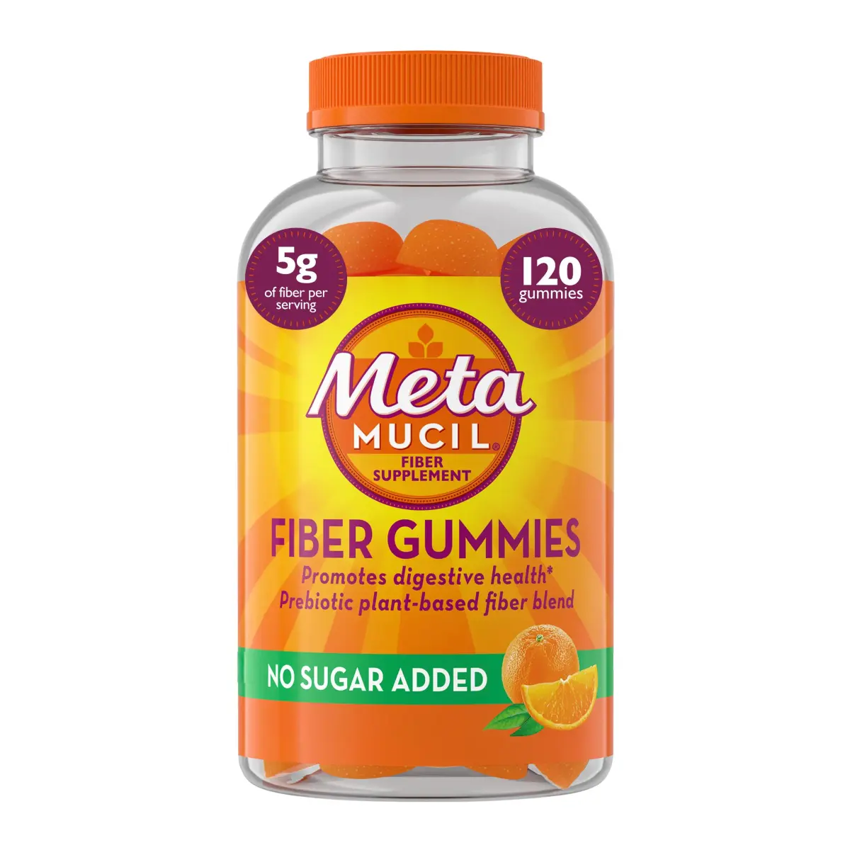Metamucil Fiber Gummies for Adults, No Sugar Added Orange Flavor, 5g Prebiotic Plant Based Fiber Supplement Blend, 120 Count - main product image