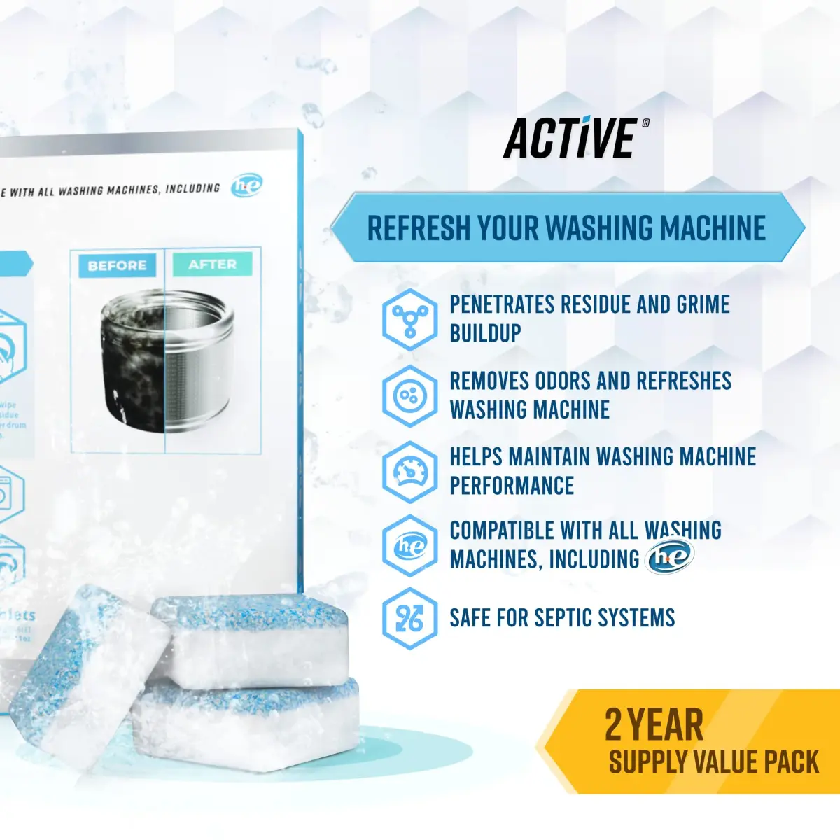 ACTIVE Washing Machine Cleaner Descaler Tablets | 48 Pack Value Size HE Front Loader & Top Load Washer - view 2