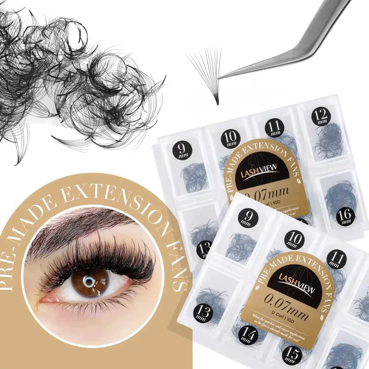 LASHVIEW 1000 Premade Volume Eyelash Extensions 10D D Curl 0.07mm Mixed Tray 9-16mm | Handmade Faux Mink - view 6