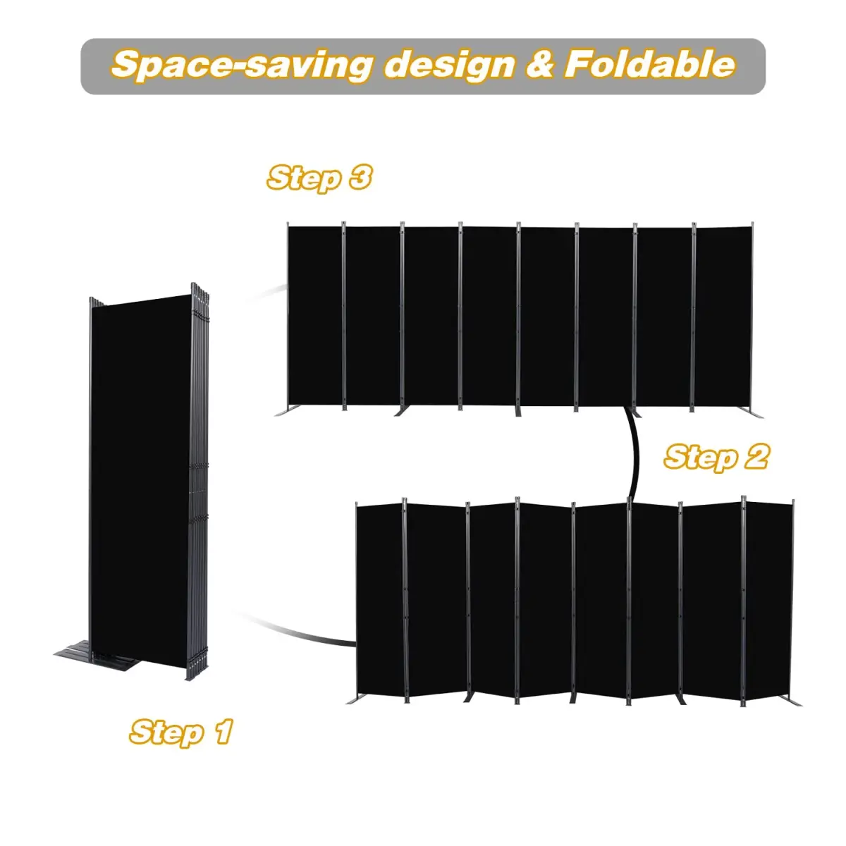 CHOSENM 8 Panel Room Divider 22"x71.3" (176" W x 71.3" H) | Black Folding Privacy Screen with Wider Feet - view 5