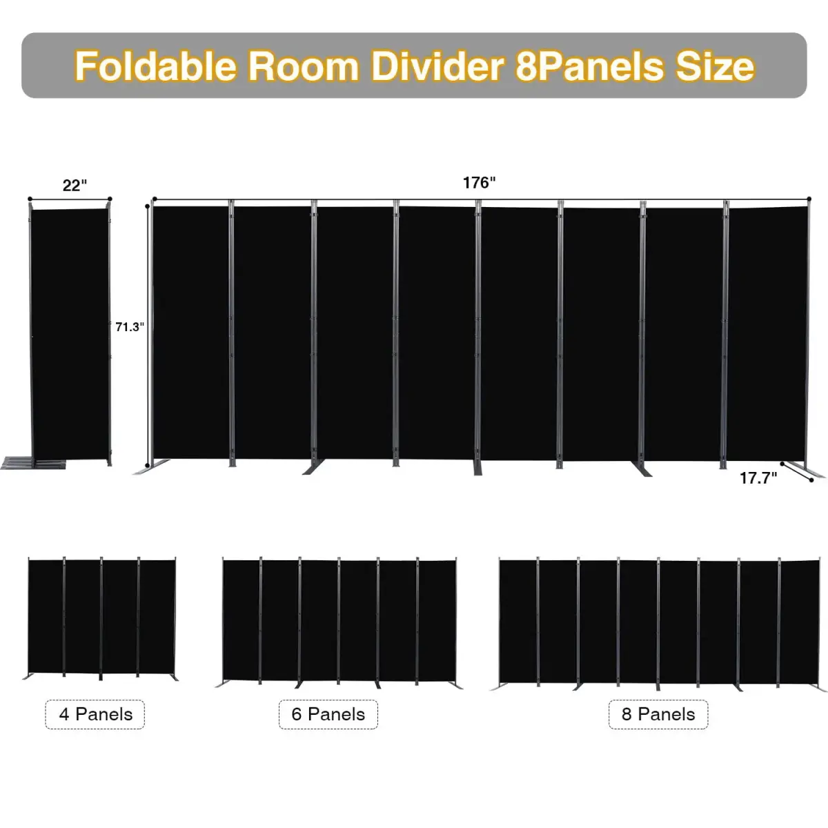 CHOSENM 8 Panel Room Divider 22"x71.3" (176" W x 71.3" H) | Black Folding Privacy Screen with Wider Feet - view 2