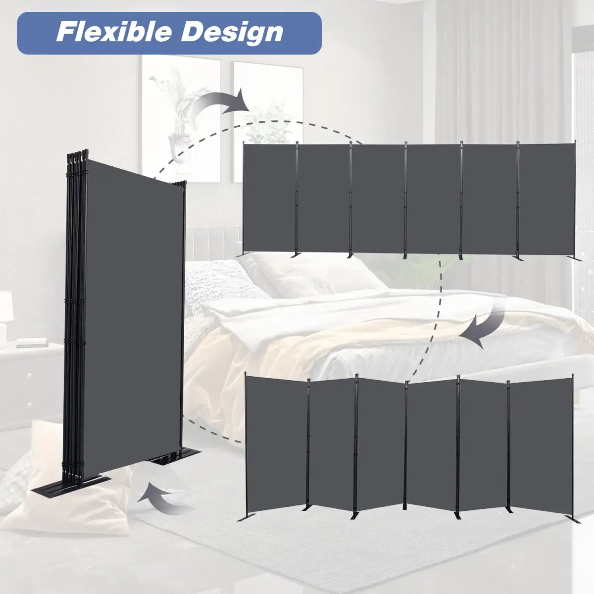 CHOSENM 6 Panel Room Divider Grey 204" W x 71.3" H | Stable Iron Frame, Tear-Resistant Fabric - view 5