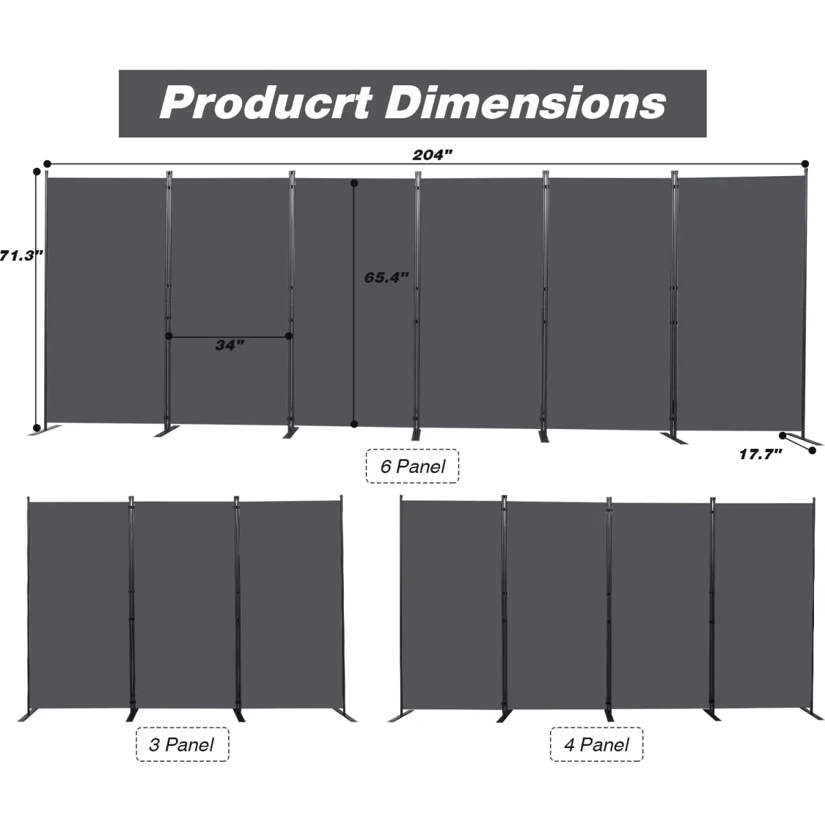 CHOSENM 6 Panel Room Divider Grey 204" W x 71.3" H | Stable Iron Frame, Tear-Resistant Fabric - view 2