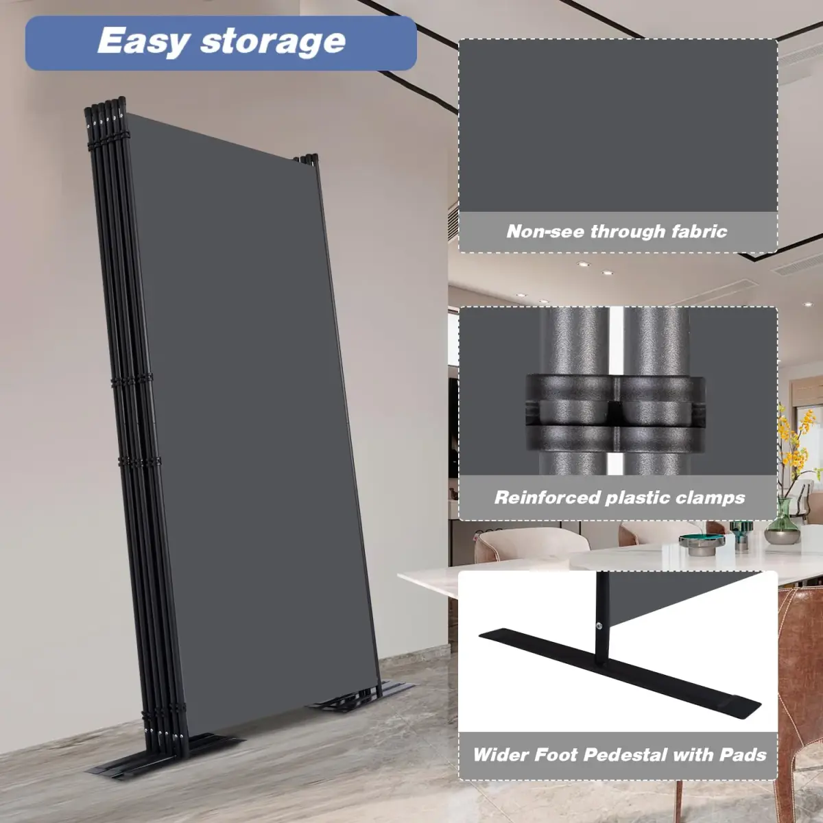 CHOSENM 6 Panel Room Divider Grey 204" W x 71.3" H | Stable Iron Frame, Tear-Resistant Fabric - view 4
