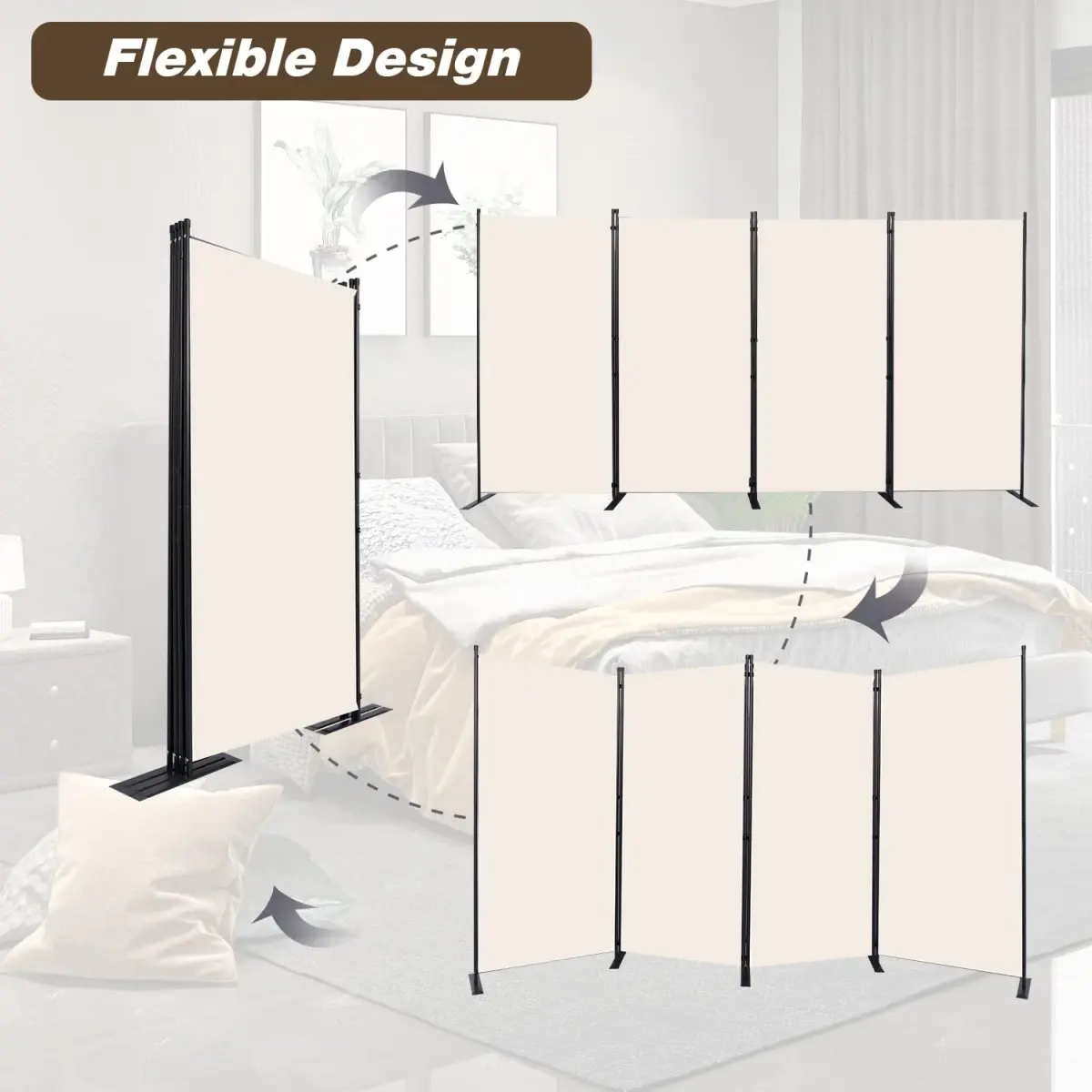 CHOSENM 4 Panel Room Divider Privacy Screen 136" W x 71.3" H | Stable Iron Frame, Beige Fabric - view 5