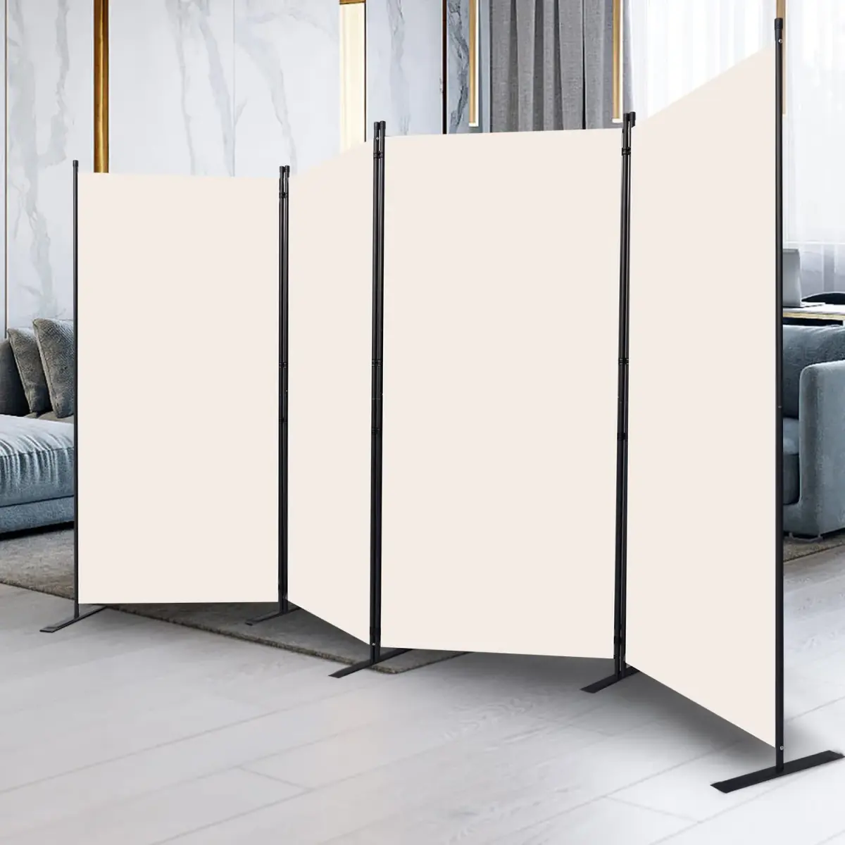 CHOSENM 4 Panel Room Divider Privacy Screen 136" W x 71.3" H | Stable Iron Frame, Beige Fabric - view 6