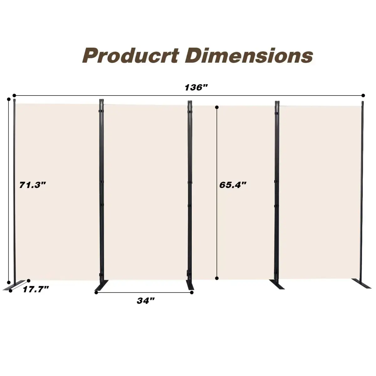 CHOSENM 4 Panel Room Divider Privacy Screen 136" W x 71.3" H | Stable Iron Frame, Beige Fabric - view 2