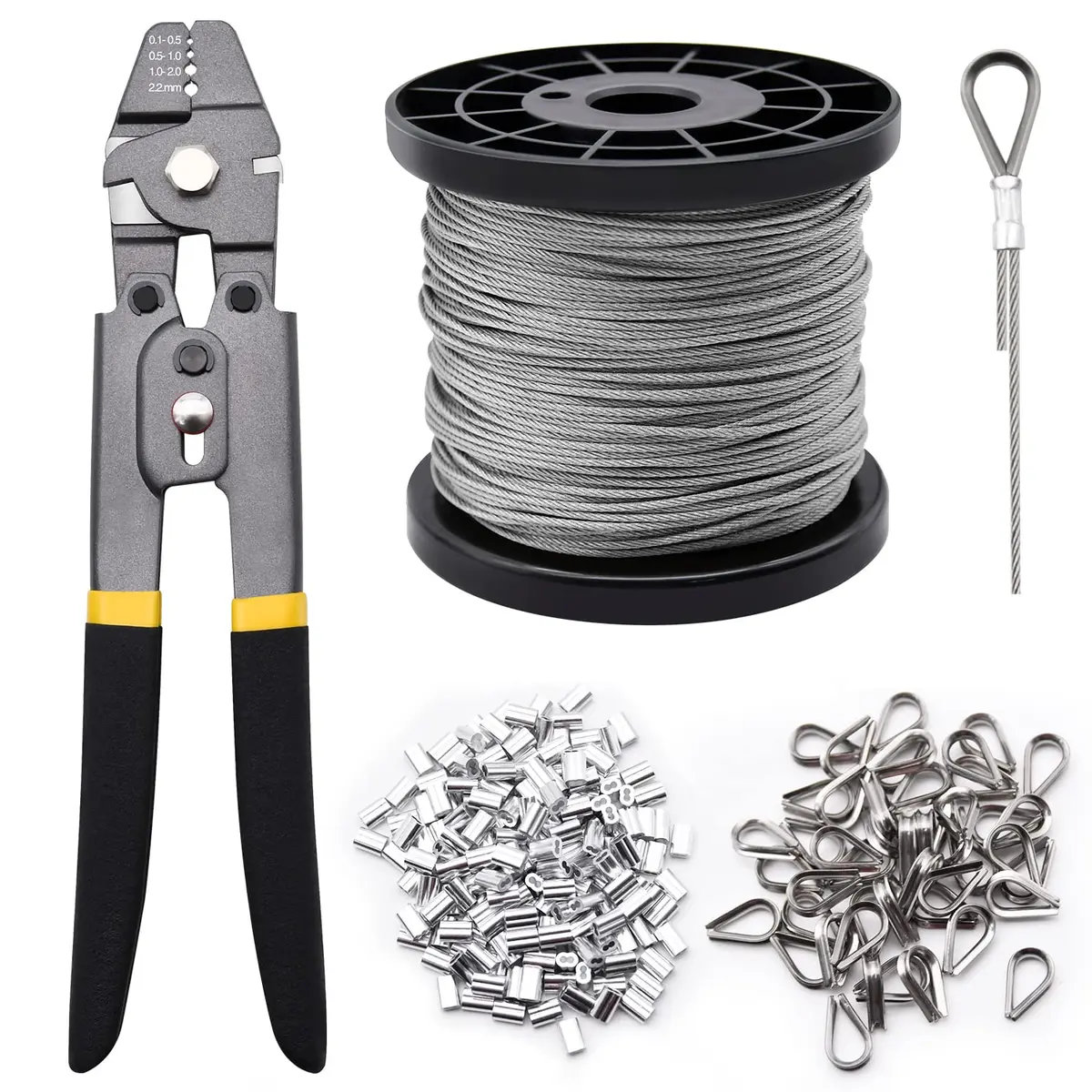 FGBNM Heavy Duty Wire Rope Crimping Tool Kit with 328ft 1/16" Stainless Steel Cable & Aluminum Sleeves | Crimper, Cutters, Thimbles Included - main product image