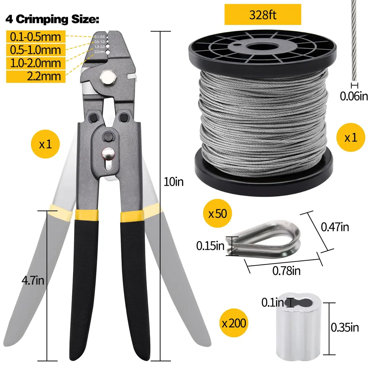 FGBNM Heavy Duty Wire Rope Crimping Tool Kit with 328ft 1/16" Stainless Steel Cable & Aluminum Sleeves | Crimper, Cutters, Thimbles Included - view 2