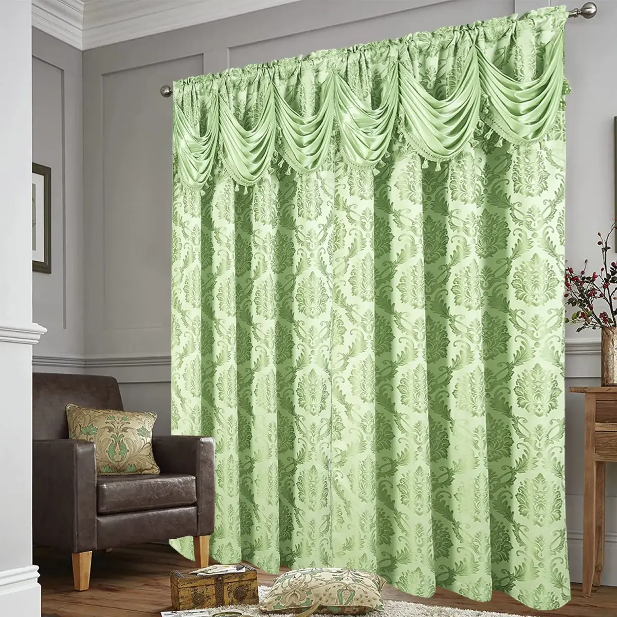DreamField Linen Jacquard Window Curtains 274.32cm (108"W) x 213.36cm (84"L) Set | Elegant Damask Design with Valance & Tie-Backs - view 4