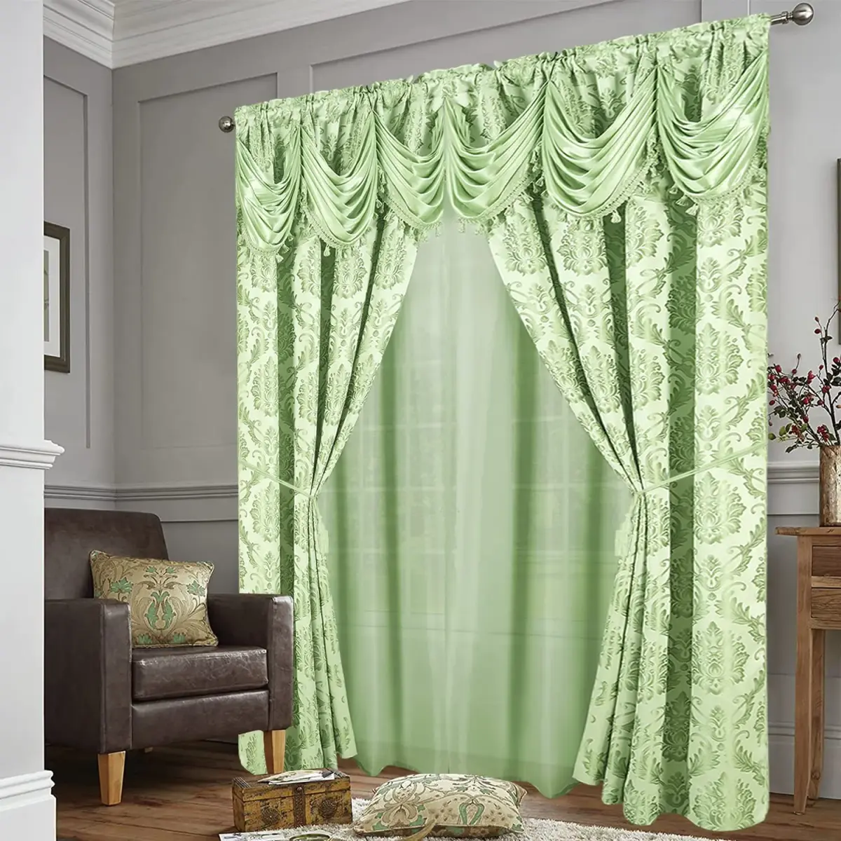 DreamField Linen Jacquard Window Curtains 274.32cm (108"W) x 213.36cm (84"L) Set | Elegant Damask Design with Valance & Tie-Backs - view 7