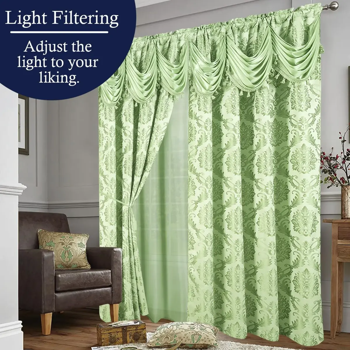 DreamField Linen Jacquard Window Curtains 274.32cm (108"W) x 213.36cm (84"L) Set | Elegant Damask Design with Valance & Tie-Backs - view 3