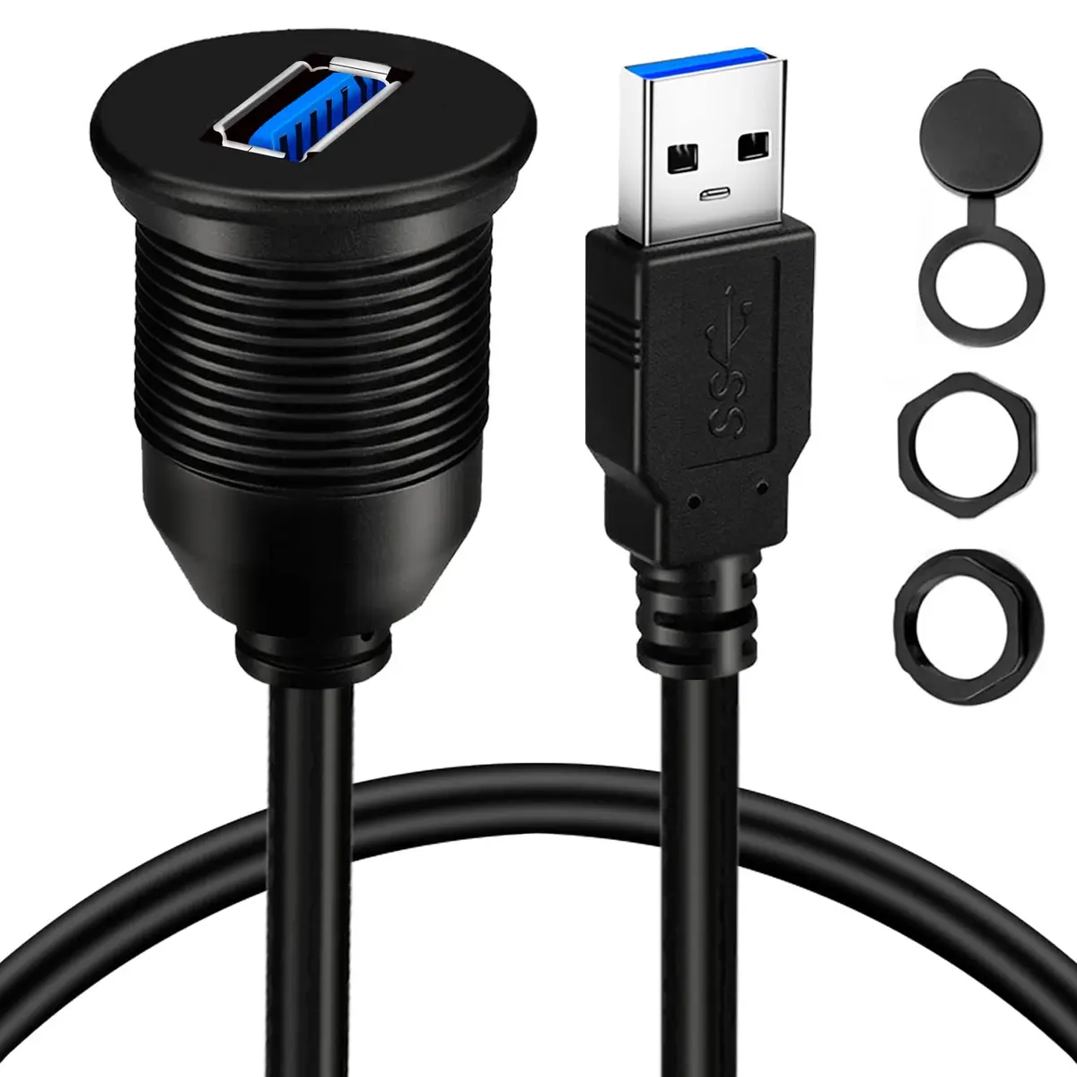 BATIGE USB 3.0 Male to Female AUX Car Mount Flush Cable 1ft | Waterproof Car Dash Extension - main product image