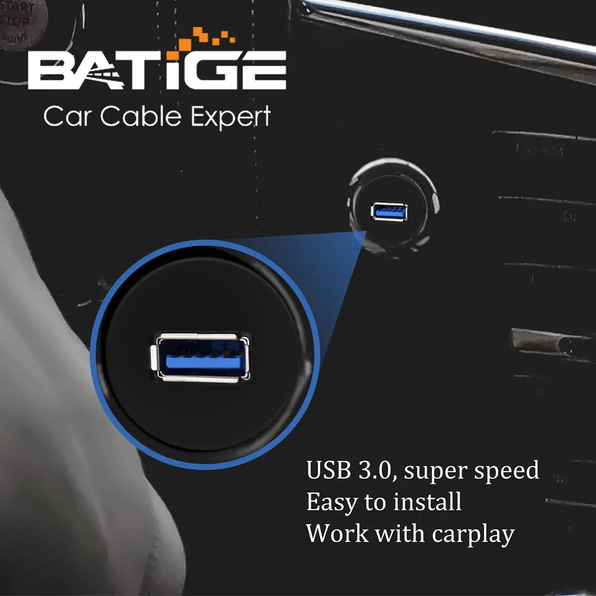 BATIGE USB 3.0 Male to Female AUX Car Mount Flush Cable 1ft | Waterproof Car Dash Extension - view 2