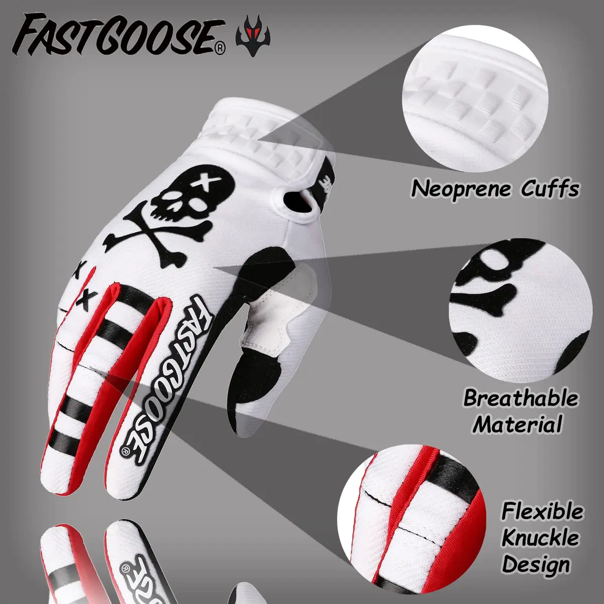 FASTGOOSE Dirt Bike Motorcycle Gloves - Motocross, ATV & Cycling, White, Medium - view 2